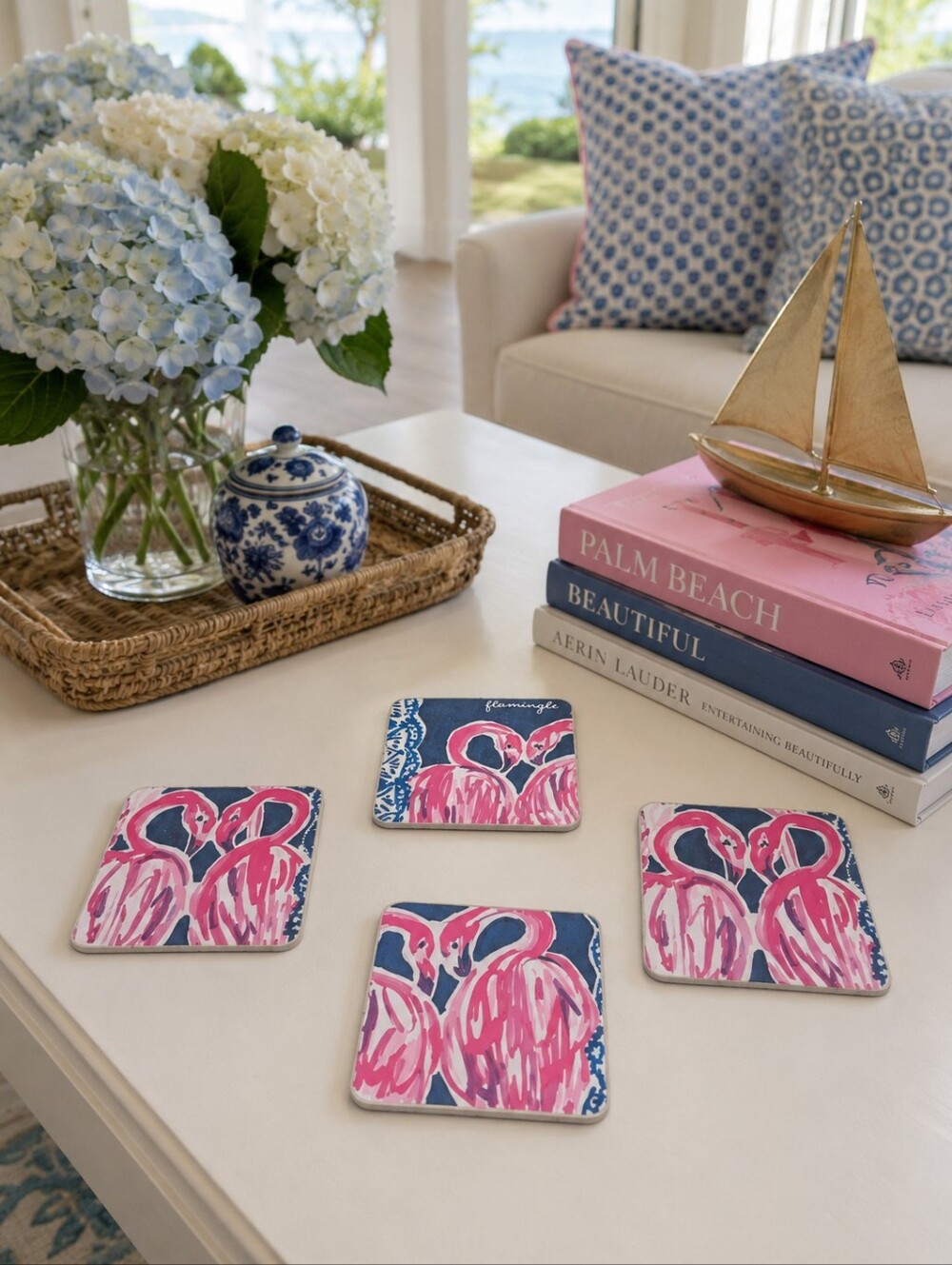 Set Of 4 Handmade Coasters Cottage Preppy Coastal Entertaining Southern Flamingo